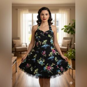 Hearts & Roses London Floral Halter Swing Dress Retro Pin-up Tropical